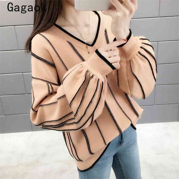 women office lady knitted sweater spring autumn v-neck lanter sleeve striped full loose casual wild pullover 210531, White;black
women office lady knitted sweater spring autumn v-neck lanter sleeve striped full loose casual wild pullover 210531, White;black