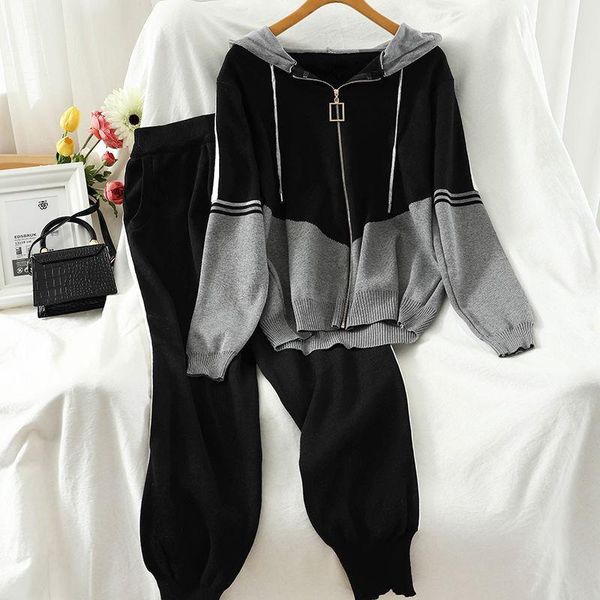 spring and autumn sports fashion hooded zipper hit color knit leggings all-match suit women women's two piece pants, White 
spring and autumn sports fashion hooded zipper hit color knit leggings all-match suit women women's two piece pants, White