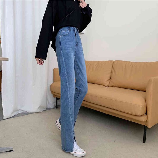 ytx089 straight spring release high waist split female jeans, Blue