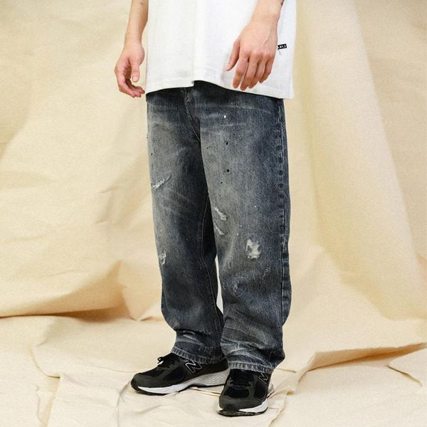 men's jeans washed distressed ripped mens streetwear loose straight-leg denim pants destroy trousers men, Blue
men's jeans washed distressed ripped mens streetwear loose straight-leg denim pants destroy trousers men, Blue