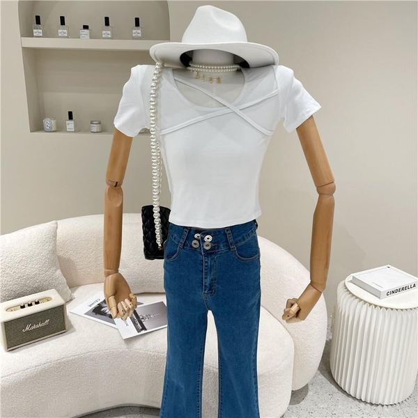 women's spring summer 2021 niche design fashion slim fit short sleeve t-shirt simple cross base top, White
women's spring summer 2021 niche design fashion slim fit short sleeve t-shirt simple cross base top, White