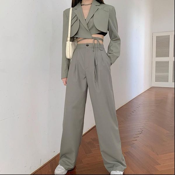 korean summer two piece set womens tracksuits crop lace up blazer coat high waist pants suit sets streetwear, Gray
korean summer two piece set womens tracksuits crop lace up blazer coat high waist pants suit sets streetwear, Gray