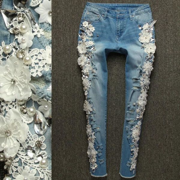 women's jeans designer luxury lace flowers diamonds pearls embroidery denim pants women hole ripped skinny female elastic pencil, Blue
women's jeans designer luxury lace flowers diamonds pearls embroidery denim pants women hole ripped skinny female elastic pencil, Blue