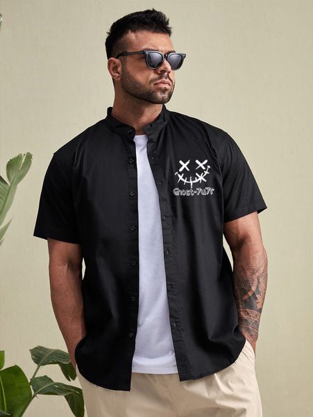 extended sizes men letter & expression print shirt t9jt#, White;black 
extended sizes men letter & expression print shirt t9jt#, White;black