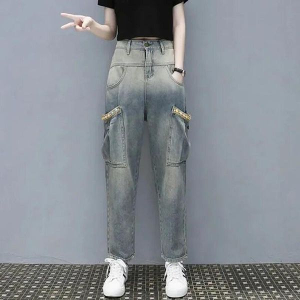 women's jeans gradient color big pocket women high waist loose streetwear denim harem pants collapse trousers s1785, Blue 
women's jeans gradient color big pocket women high waist loose streetwear denim harem pants collapse trousers s1785, Blue