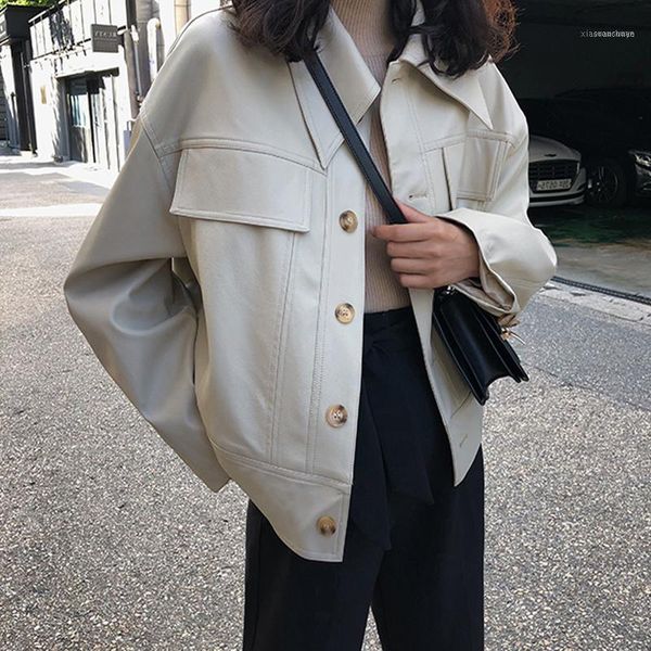 women's leather & faux pu jackets women outwear casual loose long sleeve streetwear autumn coat pocket buttons turn-down collar p1741, Black
women's leather & faux pu jackets women outwear casual loose long sleeve streetwear autumn coat pocket buttons turn-down collar p1741, Black