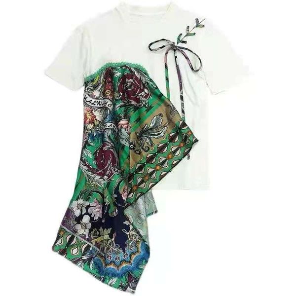 women's round neck irregular nylon cotton printed short-sleeved t-shirt, summer stitching high street ladies t-shirt, White
women's round neck irregular nylon cotton printed short-sleeved t-shirt, summer stitching high street ladies t-shirt, White