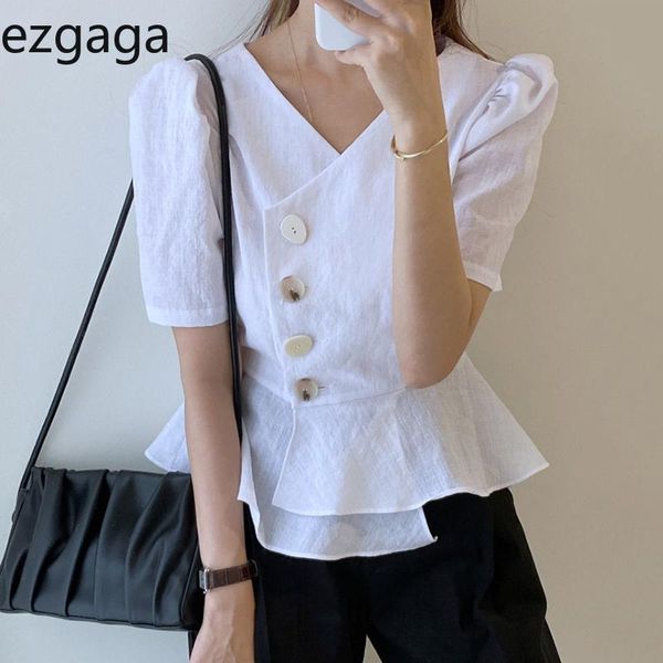 women's blouses & shirts ezgaga chic women irregular v-neck slim single breasted korean fashion blouse ruffles short sleeve solid femal, White
women's blouses & shirts ezgaga chic women irregular v-neck slim single breasted korean fashion blouse ruffles short sleeve solid femal, White