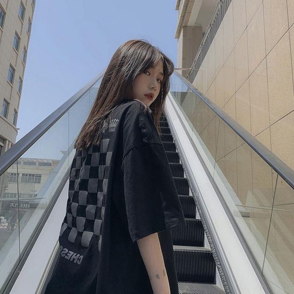 women's t-shirt street trend dark black checkerboard short-sleeved female and male hip-hop loose half-sleeved american couple top, White
women's t-shirt street trend dark black checkerboard short-sleeved female and male hip-hop loose half-sleeved american couple top, White
