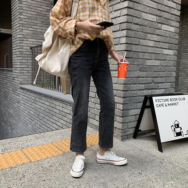 women's jeans basic greyish black washed high-waisted ankle-length autumn straight-leg pants, Blue
women's jeans basic greyish black washed high-waisted ankle-length autumn straight-leg pants, Blue
