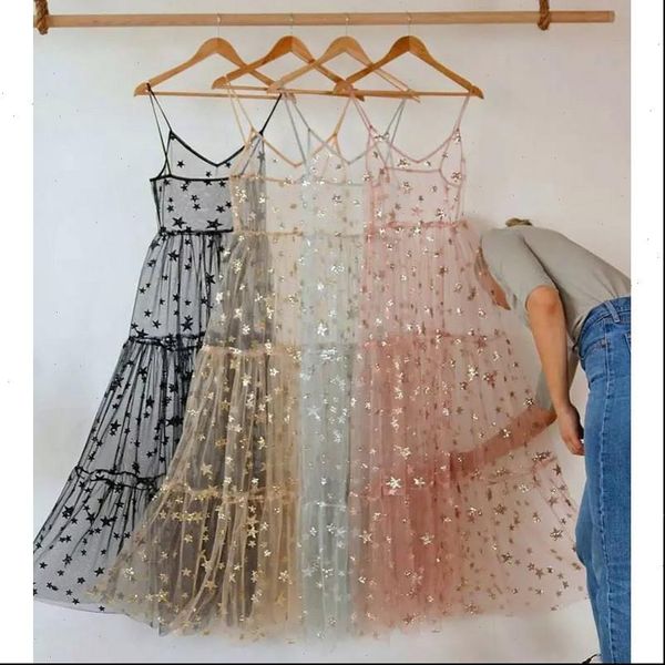 spaghetti straps see through women dress tulle fashion bling sheer mesh star print sling a line female, Black;gray
spaghetti straps see through women dress tulle fashion bling sheer mesh star print sling a line female, Black;gray