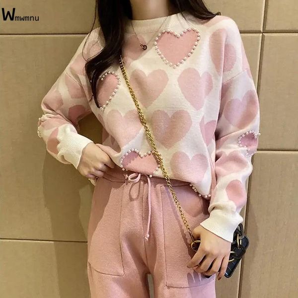 long sleeve sweater and solid colors casual pants female korean suit fashion love printed knitted two peice women women's piece, White
long sleeve sweater and solid colors casual pants female korean suit fashion love printed knitted two peice women women's piece, White