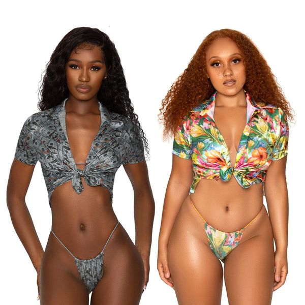 women' short sleeve bandage dollar flower print three piece bikini swimsuit, Red;black
women' short sleeve bandage dollar flower print three piece bikini swimsuit, Red;black