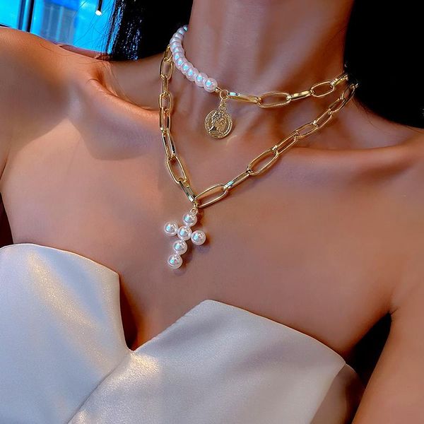 pendant necklaces fashion female cross necklace for women and girl gold pearl thick chain choker geometric circle, Silver
pendant necklaces fashion female cross necklace for women and girl gold pearl thick chain choker geometric circle, Silver