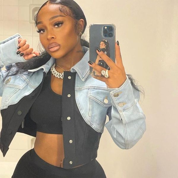 women's jackets fashion patchwork denim jacket with pockets women button up turn down collar outerwear autumn high street coats 202, Black;brown
women's jackets fashion patchwork denim jacket with pockets women button up turn down collar outerwear autumn high street coats 202, Black;brown