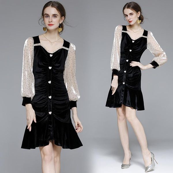 women autumn elegant velevt dress festa mesh cocktail party robe femme vintage designer trumpet vestidos casual dresses, Black;gray 
women autumn elegant velevt dress festa mesh cocktail party robe femme vintage designer trumpet vestidos casual dresses, Black;gray