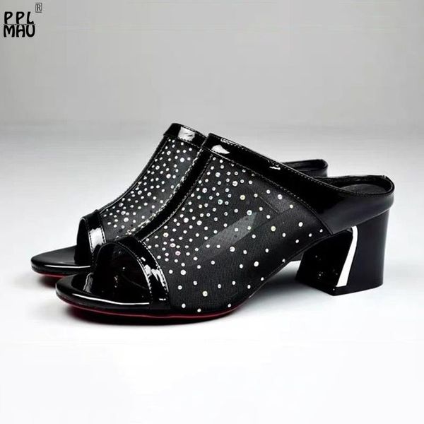 designer peep toe light rhinestone women sandals elegant comfortable casual slides solid mesh breathable square heel slippers, Black
designer peep toe light rhinestone women sandals elegant comfortable casual slides solid mesh breathable square heel slippers, Black