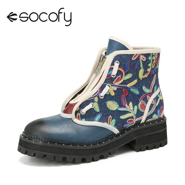boots socofy genuine leather embroidered splicing comfy round toe retro front zipper lace up casual platform short women's, Black