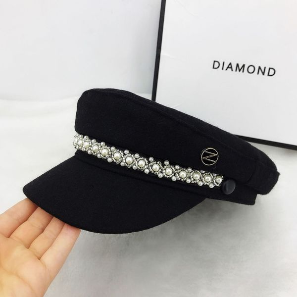 black tweed navy designer fashion street british cap autumn and winter new pearl small fragrance beret, Black;white
black tweed navy designer fashion street british cap autumn and winter new pearl small fragrance beret, Black;white