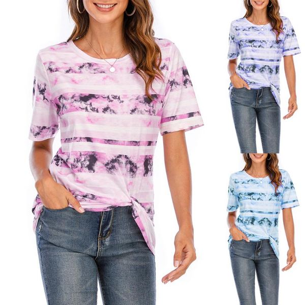 women's t-shirt 2021 summer short sleeve tie dye printed knotted, White
women's t-shirt 2021 summer short sleeve tie dye printed knotted, White