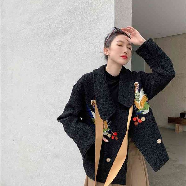 women's jackets designer wool coat women bird embroidered ribbon black tweed jacket fashion kawaii outerwear korean glx3, Black;brown
women's jackets designer wool coat women bird embroidered ribbon black tweed jacket fashion kawaii outerwear korean glx3, Black;brown