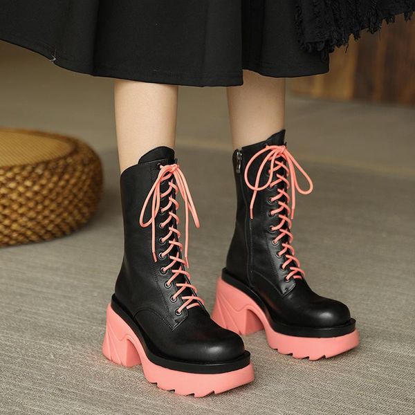 boots genuine leather knight lace up platform square high heels thick sole office dress shoes woman ankle, Black
boots genuine leather knight lace up platform square high heels thick sole office dress shoes woman ankle, Black