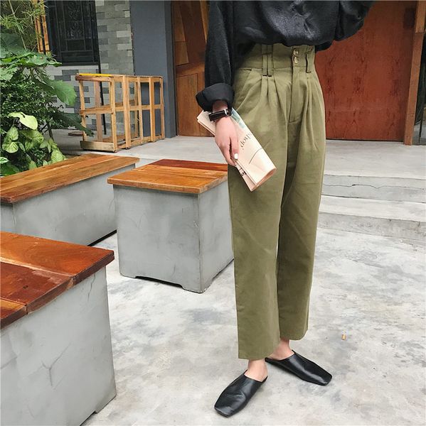 green straight solid plus vintage waist streetwear women loose ol fashion office lady trousers 210421, Black;white
green straight solid plus vintage waist streetwear women loose ol fashion office lady trousers 210421, Black;white