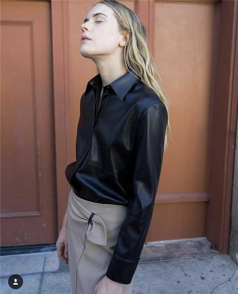 women's leather & faux very soft pu shirt collar jacket front button up asymmetric hem slit side fashion woman 2021fw, Black
women's leather & faux very soft pu shirt collar jacket front button up asymmetric hem slit side fashion woman 2021fw, Black