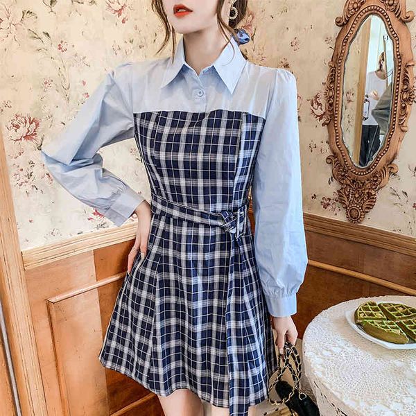early autumn new fake two-piece dress with waist and thin temperament design sense niche plaid shirt skirt women 210412, Black;gray
early autumn new fake two-piece dress with waist and thin temperament design sense niche plaid shirt skirt women 210412, Black;gray