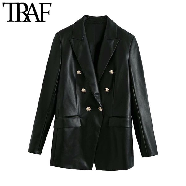 women fashion double breasted faux leather blazers coat vintage long sleeve back vents female outerwear chic 210507, White;black
women fashion double breasted faux leather blazers coat vintage long sleeve back vents female outerwear chic 210507, White;black