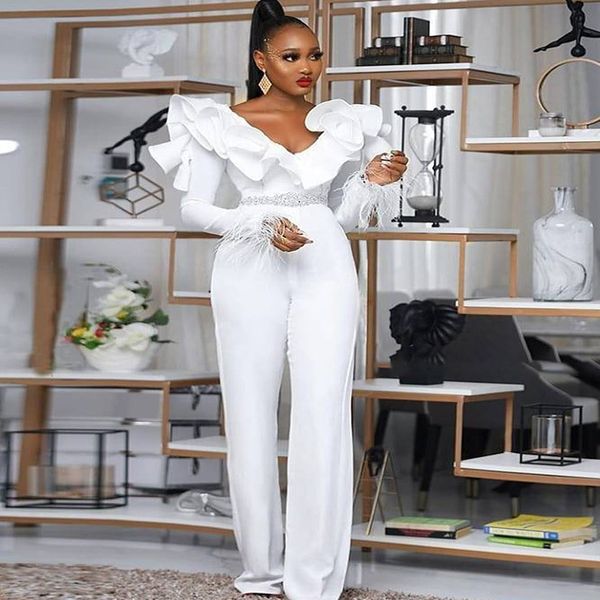 african white jumpsuit evening dresses 2021 v neck long sleeve black girls prom dress with feather plus size formal party gowns robe de soir, Black;red
african white jumpsuit evening dresses 2021 v neck long sleeve black girls prom dress with feather plus size formal party gowns robe de soir, Black;red