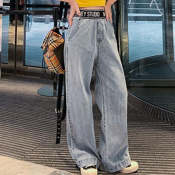 qiukichonson plus size 2021 spring summer loose wide leg jeans women letter print elastic band high waist long denim pants women's, Blue 
qiukichonson plus size 2021 spring summer loose wide leg jeans women letter print elastic band high waist long denim pants women's, Blue