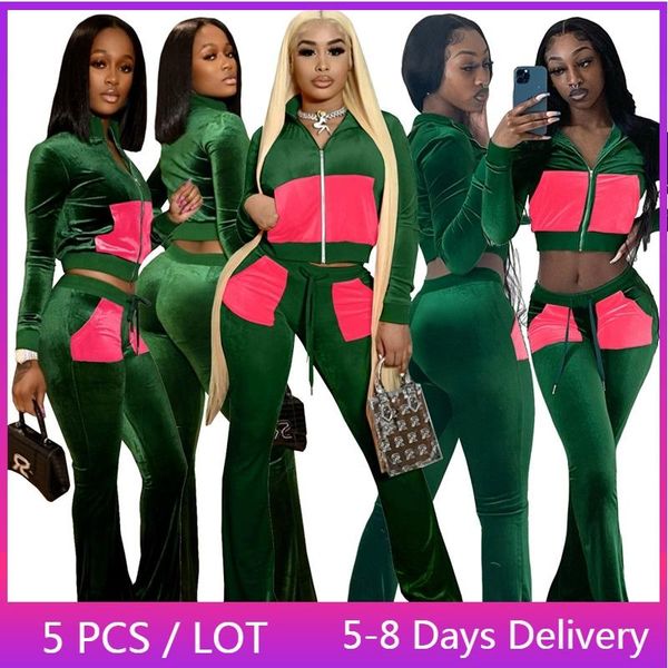 women's two piece pants wholesale items velvet tracksuit women streetwear color patchwork set fall clothes for crop flare, White
women's two piece pants wholesale items velvet tracksuit women streetwear color patchwork set fall clothes for crop flare, White
