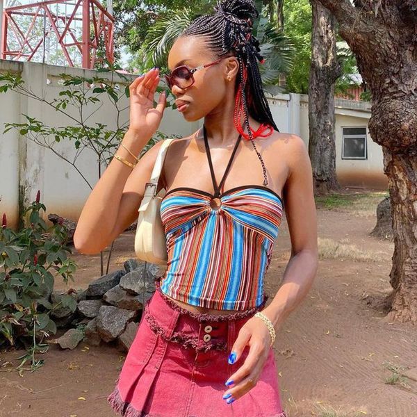 women's tanks & camis artistic multicolor bandage halter short camisole striped contrast color crop women summer casual slim street, White
women's tanks & camis artistic multicolor bandage halter short camisole striped contrast color crop women summer casual slim street, White