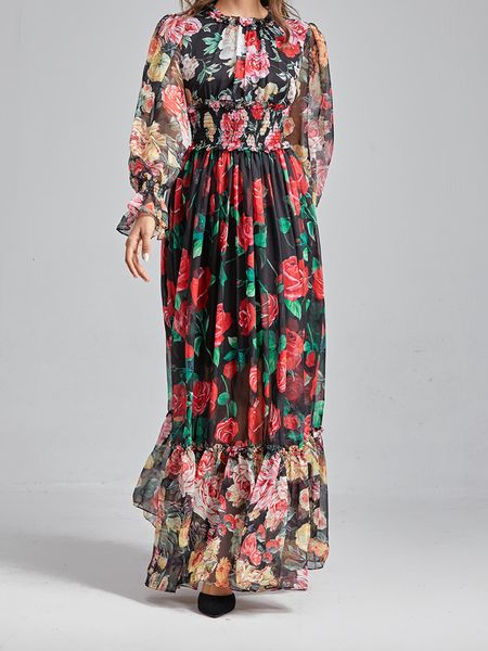 dress rose printing maxi dress women's flare sleeve elastic waist pleated ruffles long robes, Black;gray
dress rose printing maxi dress women's flare sleeve elastic waist pleated ruffles long robes, Black;gray