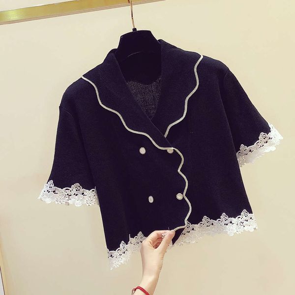 women's sweaters sweaters summer lace stitching high waist open navel niche ice silk knitted short sleeve shirt aj6c, White;black 
women's sweaters sweaters summer lace stitching high waist open navel niche ice silk knitted short sleeve shirt aj6c, White;black