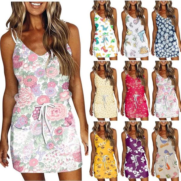 women's swimwear floral print women sleeveless elastic waist dress v-neck bohemian style ladies summer dresses slim 2021 mini robe, White;black 
women's swimwear floral print women sleeveless elastic waist dress v-neck bohemian style ladies summer dresses slim 2021 mini robe, White;black