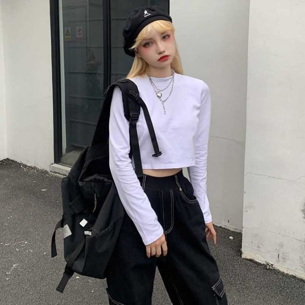 women's cotton t-shirt spring korean ins harajuku style short open navel solid color slim long sleeve shirt, White
women's cotton t-shirt spring korean ins harajuku style short open navel solid color slim long sleeve shirt, White