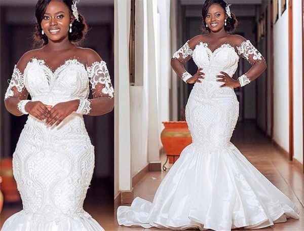 arabic aso ebi mermaid wedding dresses 2021 plus size illusion long sleeve lace beaded african cathedral train bridal gowns, White
arabic aso ebi mermaid wedding dresses 2021 plus size illusion long sleeve lace beaded african cathedral train bridal gowns, White