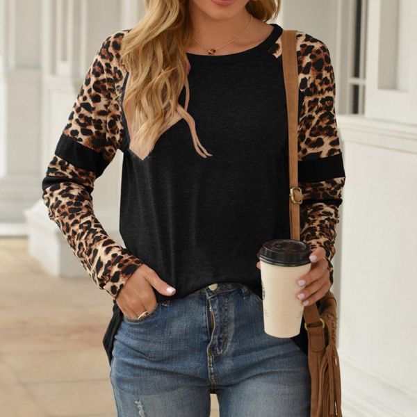 women's t-shirt autumn long sleeve fashion o-neck leopard print patchwork casual, White
women's t-shirt autumn long sleeve fashion o-neck leopard print patchwork casual, White