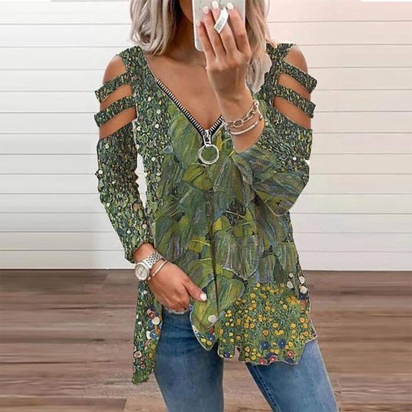 women's t-shirt fashion printed tshirts v-neck zipper strapless long-sleeved ladies clothing casual pullover tee shirt, White
women's t-shirt fashion printed tshirts v-neck zipper strapless long-sleeved ladies clothing casual pullover tee shirt, White