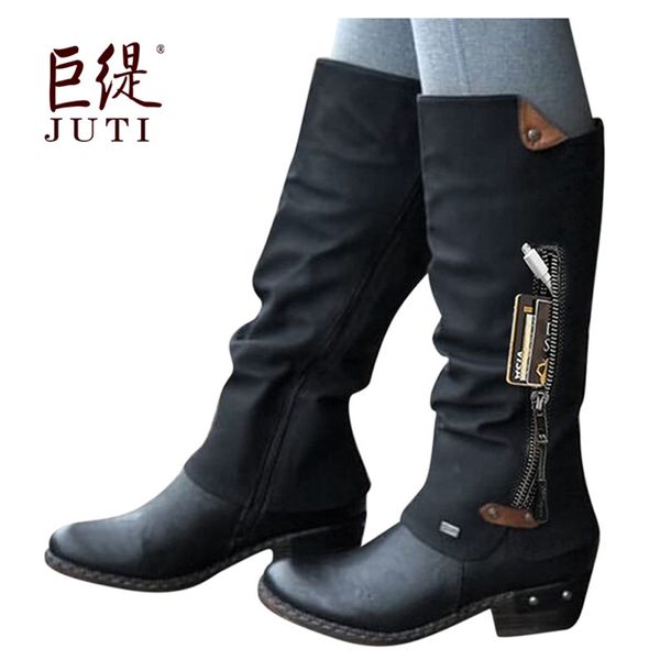 juti autumn and winter large boots women's leather, Black