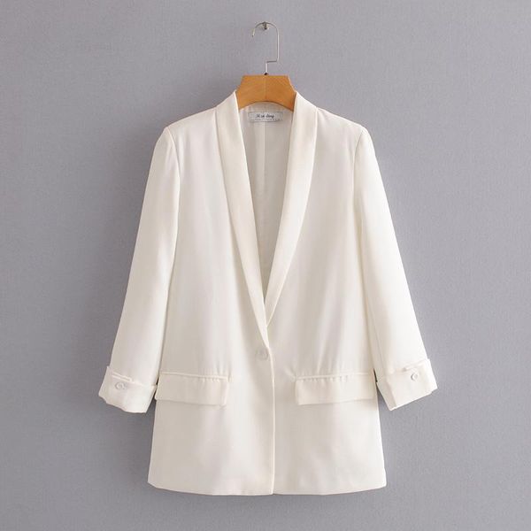 women solid color long blazer jacket pleated sleeve loose coat office lady work style small suit single button women's suits & blazers, White;black
women solid color long blazer jacket pleated sleeve loose coat office lady work style small suit single button women's suits & blazers, White;black