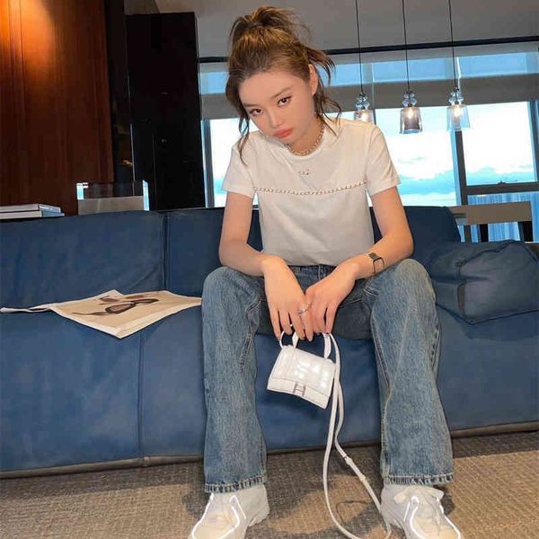 c family summer hardware chain knitting round neck short sleeve, White
c family summer hardware chain knitting round neck short sleeve, White