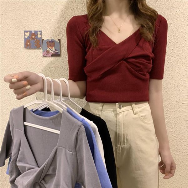 women's t-shirt korean solid short sleeve ladies summer women clothing fashion brand v-neck tee folds knitted t shirts slim ins hipste, White
women's t-shirt korean solid short sleeve ladies summer women clothing fashion brand v-neck tee folds knitted t shirts slim ins hipste, White