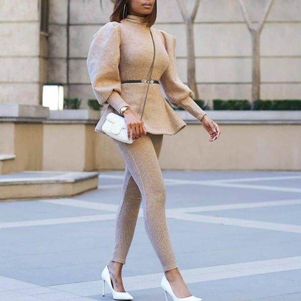 khaki 2 pieces set long womens tracksuits lantern sleeve pullover waist belt slim pants elastic high collar autumn regular, Gray
khaki 2 pieces set long womens tracksuits lantern sleeve pullover waist belt slim pants elastic high collar autumn regular, Gray