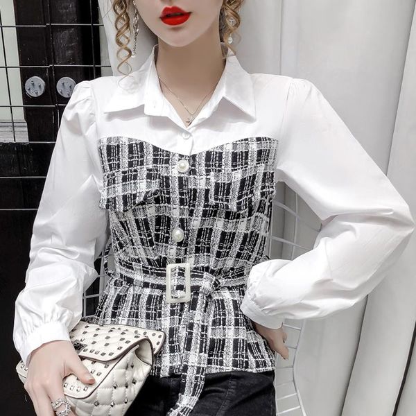 women's blouses & shirts stitching color plaid bandage fake two all-match thin buttoned blouse, White
women's blouses & shirts stitching color plaid bandage fake two all-match thin buttoned blouse, White