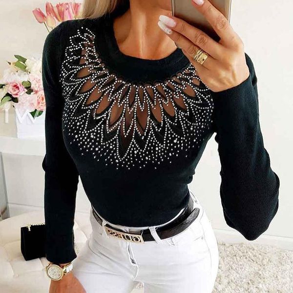 women's t-shirt autumn long sleeve female tees fashion solid o-neck women rhinestones mesh patchwork, White
women's t-shirt autumn long sleeve female tees fashion solid o-neck women rhinestones mesh patchwork, White