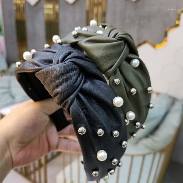 leather pu pearl knot headband cross hairband turban hair accessories1