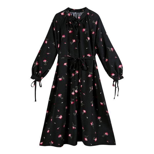 floral print dress midi bow neck ribbon long sleeve a line loose black chiffon d1324 210514, Black;gray
floral print dress midi bow neck ribbon long sleeve a line loose black chiffon d1324 210514, Black;gray